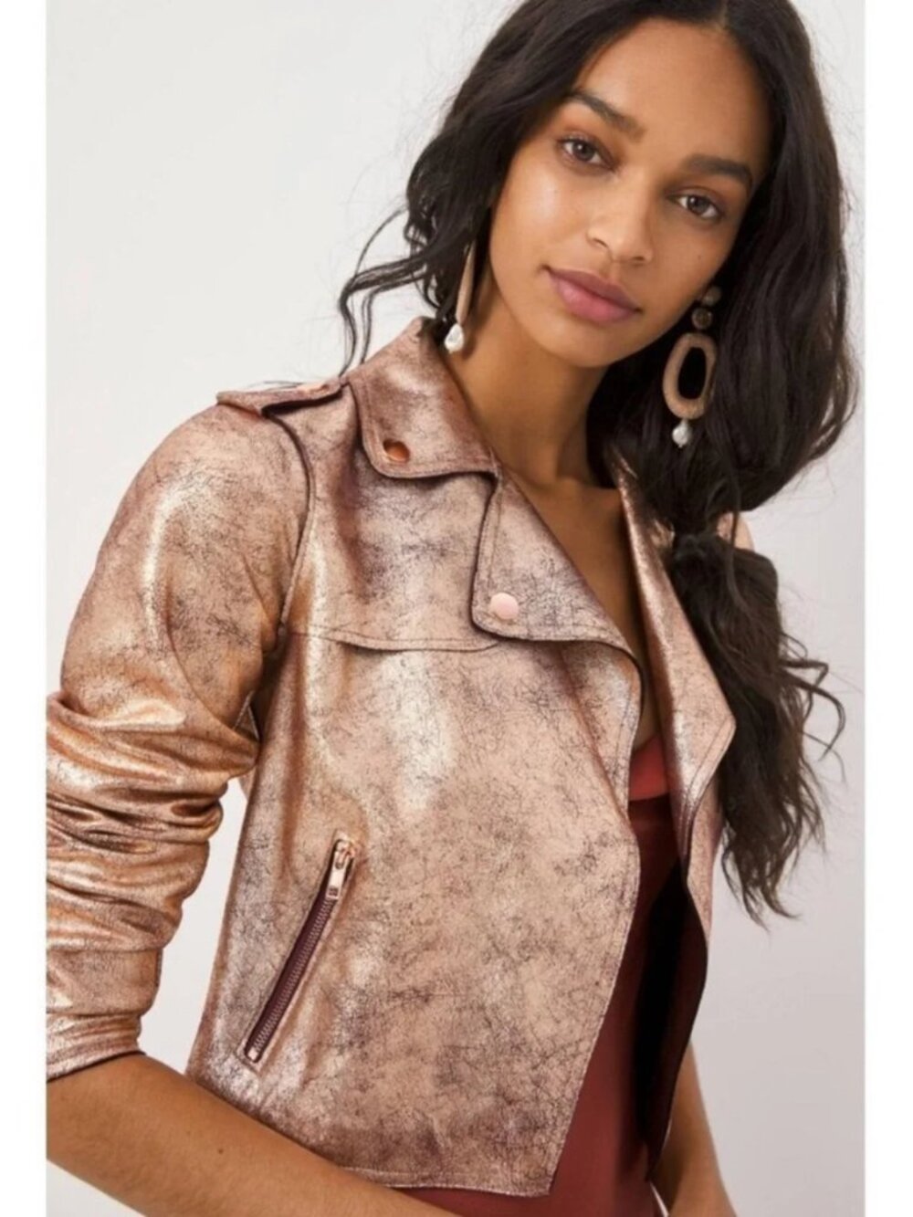 Anthropologie Brisa Faux Leather Moto Jacket Size XS Metallic Rose Gold